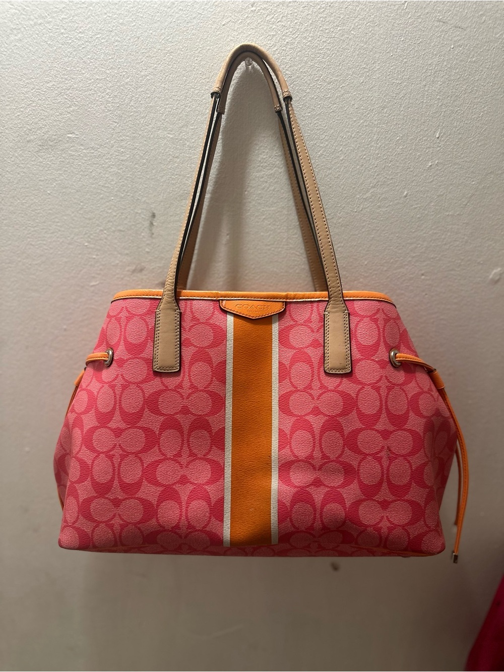 Coach Signature Stripe Drawstring Tote Pink & Orange